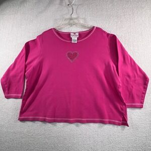 Quacker Factory Pink Rhinestone Heart 3/4 Sleeve Top Plus Size 2X